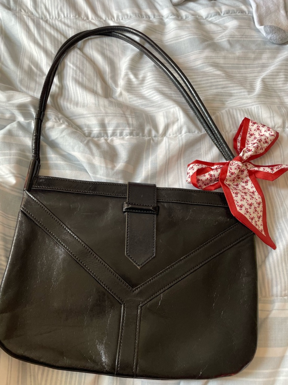 Yves Saint Laurent Black Shoulder Bag with Red-Trim Floral Scarf